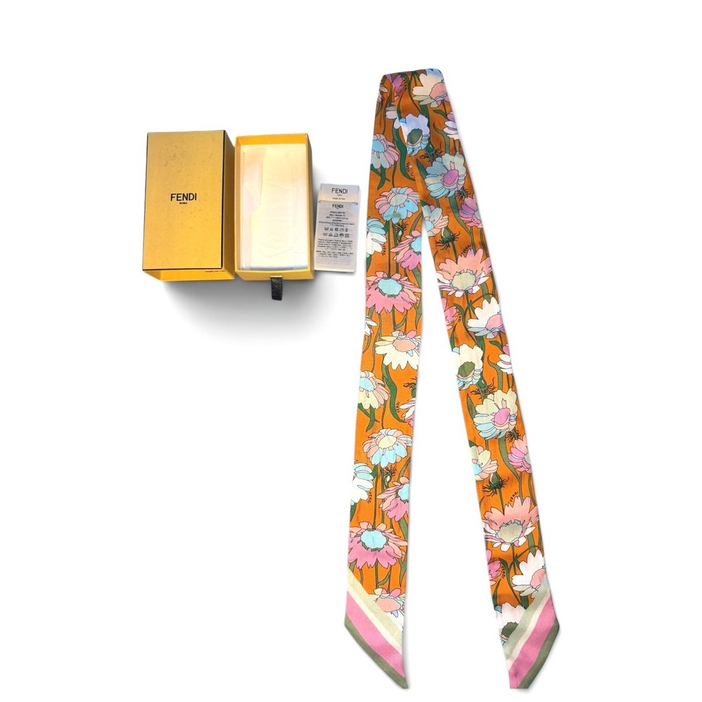 Fendi Wrappy FXT011 Floral Insect Silk Bandeau Scarf Orange w/ Box - Picture 3 of 6